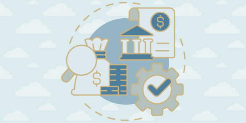 Money bags, magnifying glasses, and gears representing municipal software risks and post-acquisition challenges.